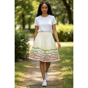 J. Jill Womens 8P Petite Cream Polka Dot A-Line Skirt Multi Color Border Print